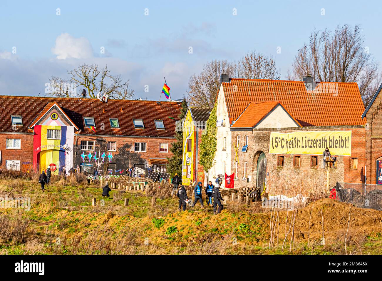 Tense atmosphere before the clearing of the lignite village of Lützerath. Barricades and trenches impede access to the village buildings occupied by climate activists Stock Photo