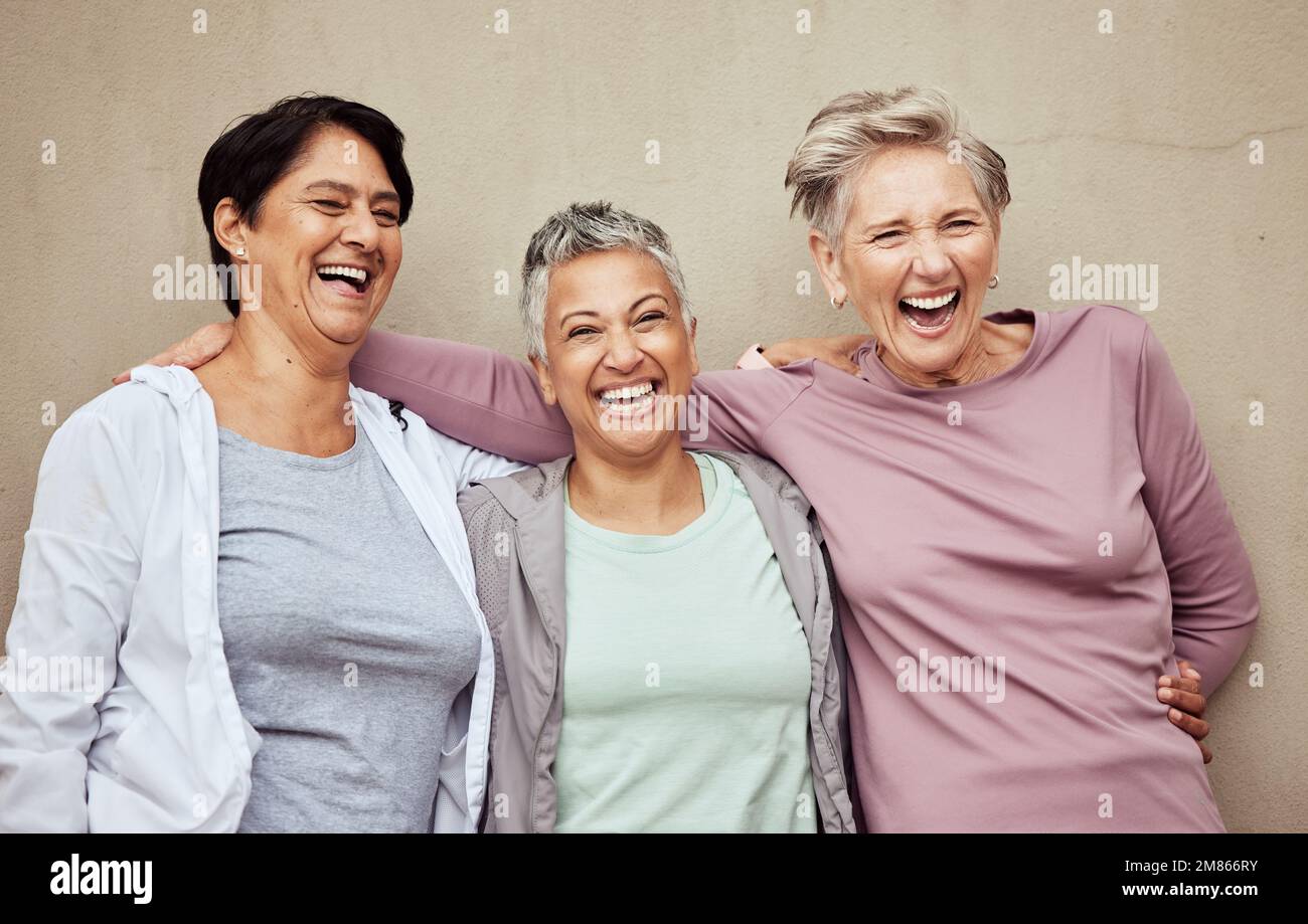 Senior women, group and laughing for fitness, workout or happiness of healthy lifestyle together. Mature female friends relax after training, wellness Stock Photo