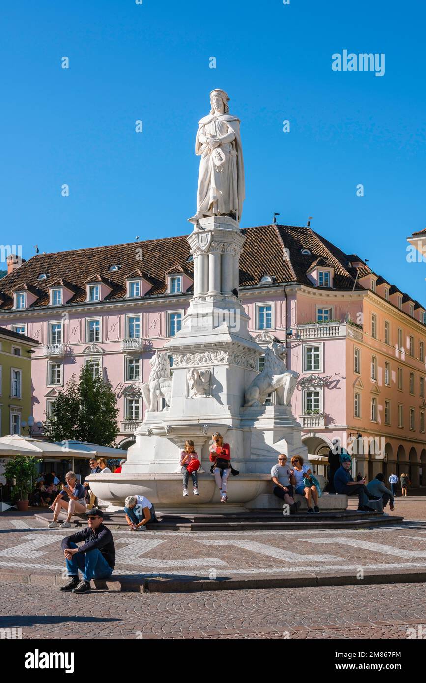 Piazza Walther Bolzano, view in summer of the statue of Walther von der Vogelweide sited in the Piazza Walther in the centre of Bolzano, Italy Stock Photo