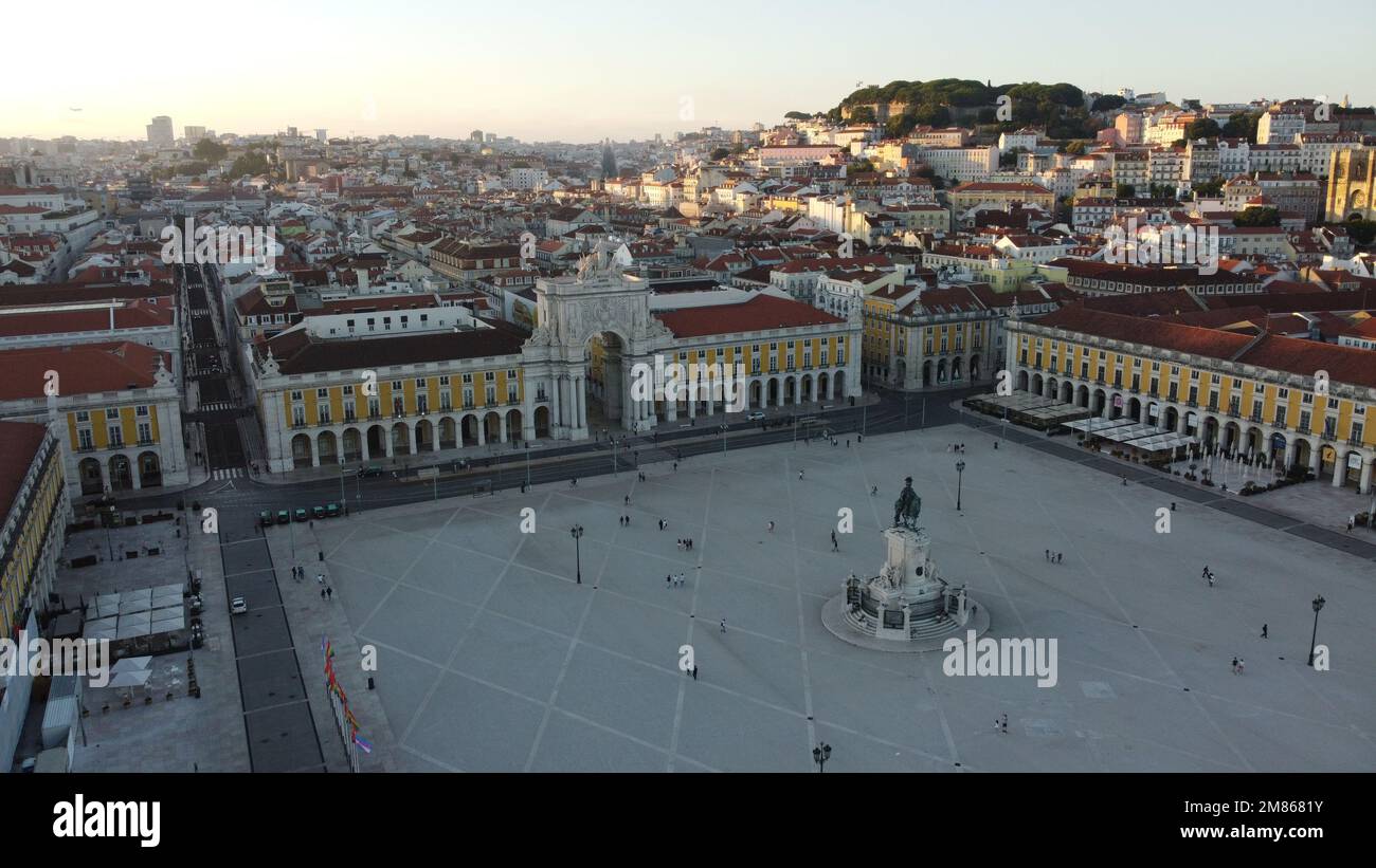 Aerial photo of the city of Lisbon in Portugal. In front you see the Praça do Comércio with the Arco da Rua Augusta. Stock Photo