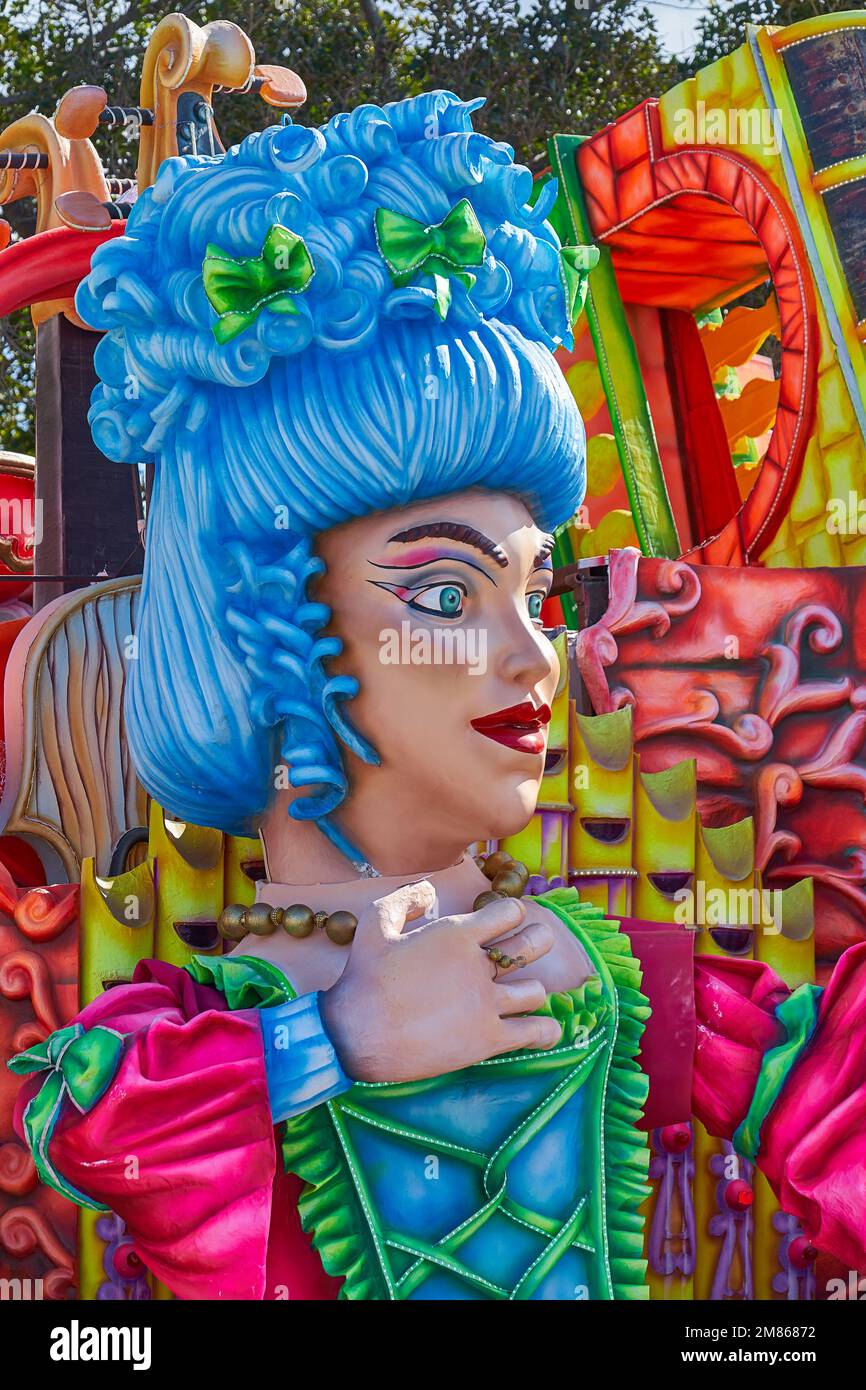 Grand Parade of colorful carnival-floats during Mardi Gras in Valletta street in Malta. Annual Fat Tuesday Maltese street parade allegorical floats Stock Photo