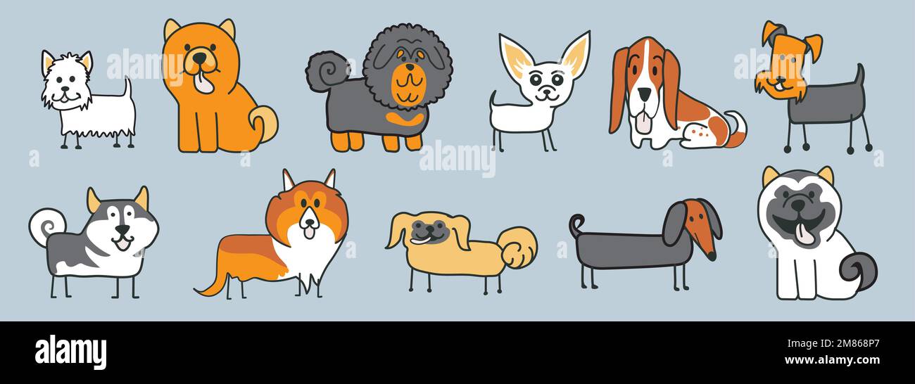 Pattern of many different dog breedmalamute, fox terrier, mastiff, shar pei, chihuahua, spitz: laika, husky, collie, scottish shepherd, dachshund Stock Vector