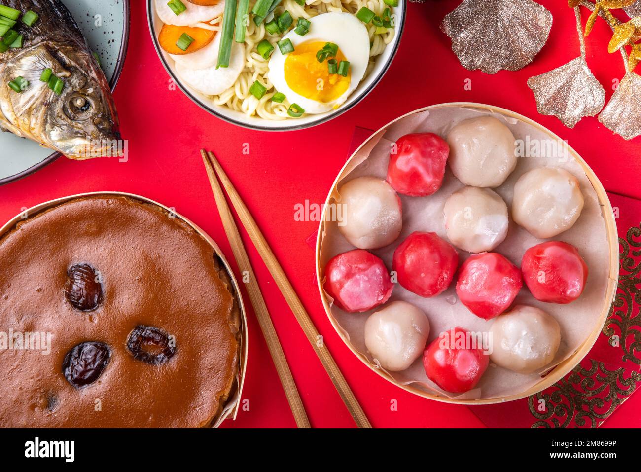 Traditional Chinese lunar New Year dinner table, party invitation, menu background with pork