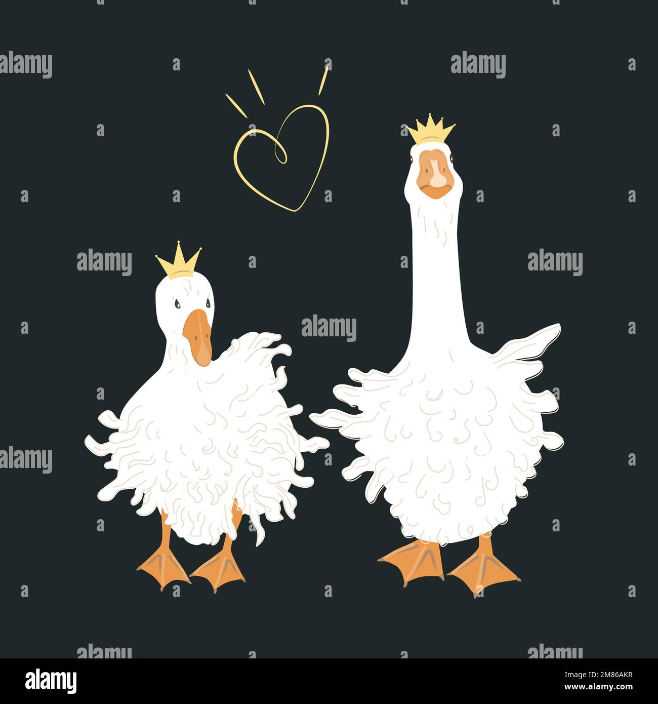 Couple of cute Sebastopol goose in crowns. Cartoon fantasy bird couple ...