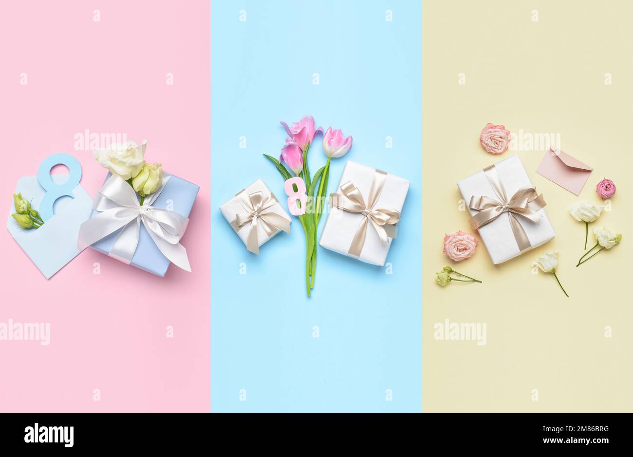 Set of beautiful gifts, flowers and letters for International Women's ...