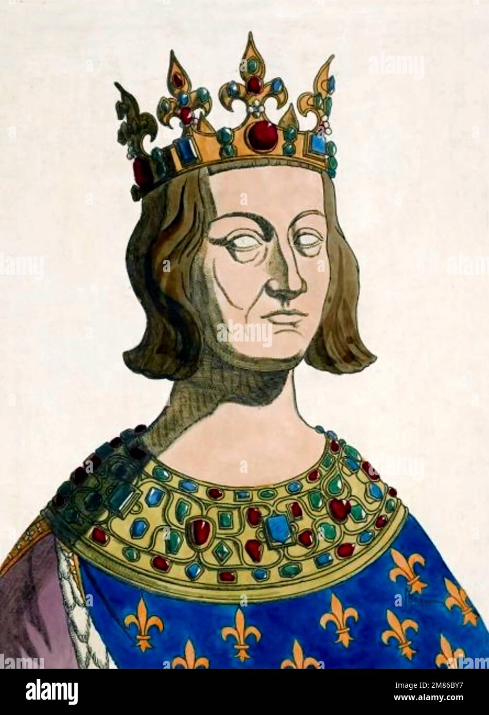 Louis IX (1214-1270). Hand coloured etching of King Louis IX of France after a gold reliquary of Sainte Chapel in Paris, destroyed in 1793. Stock Photo