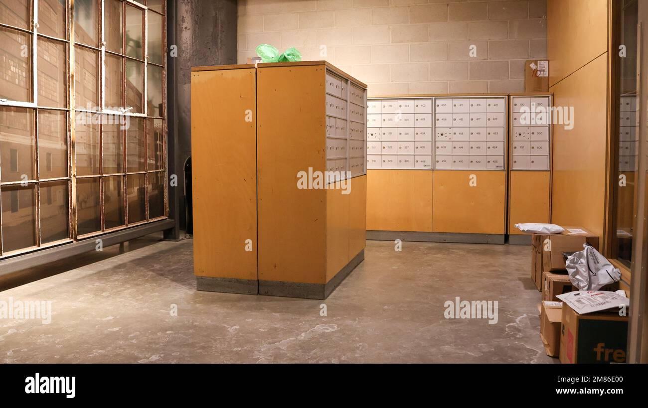 Wooden mailroom in a warehouse in Minneapolis, Minnesota Stock Photo