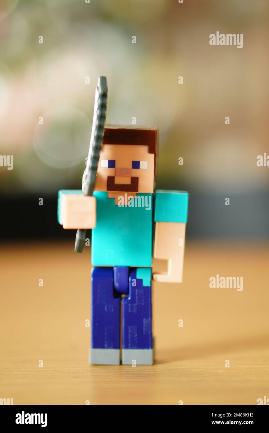 A soft focus of a Minecraft Steve toy figurine holding a sword