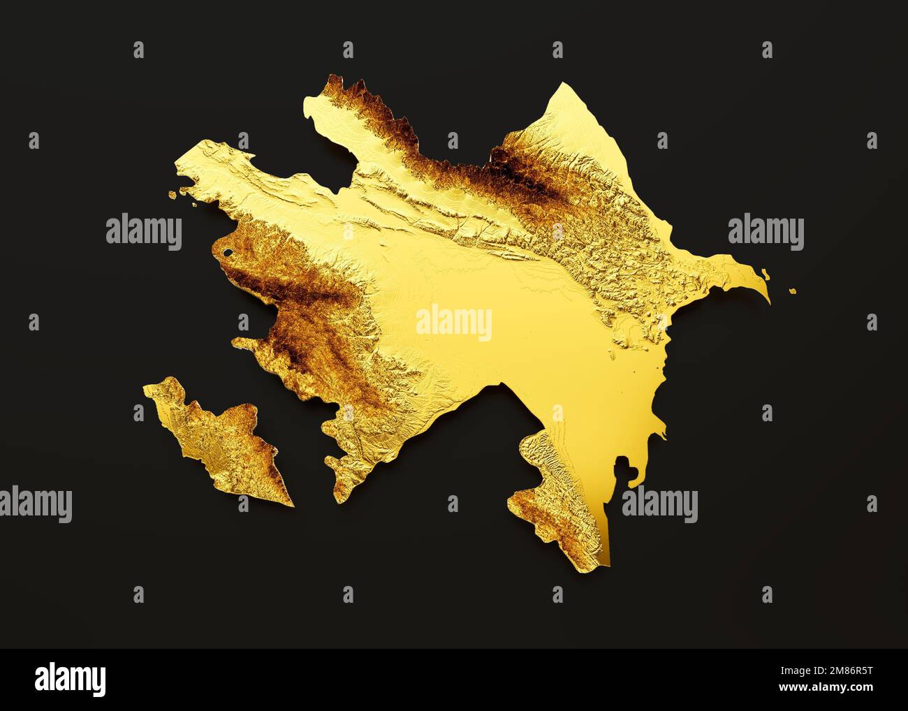 A 3D illustration of the map of Azerbaijan in a retro style with golden graphics on a black background Stock Photo