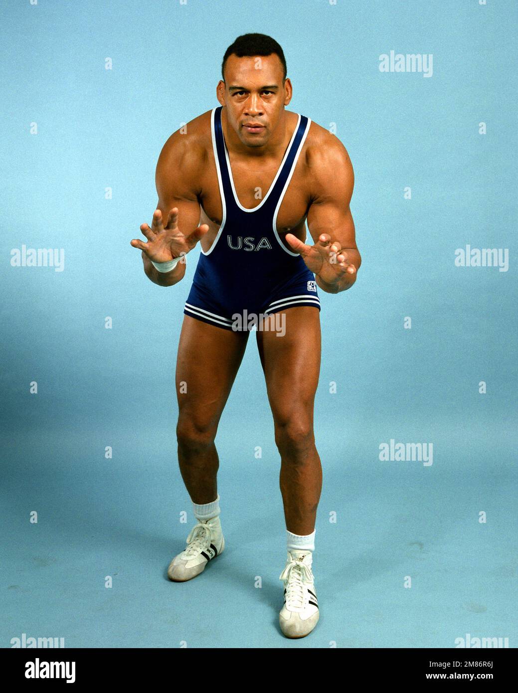 SGT Greg Gibson, a member of the Marine Corps wrestling team, demonstrates his championship wrestling form. Gibson was also a silver medalist on the U.S. Olympic team. Base: Marine Corps Base, Quantico State: Virginia (VA) Country: United States Of America (USA) Stock Photo