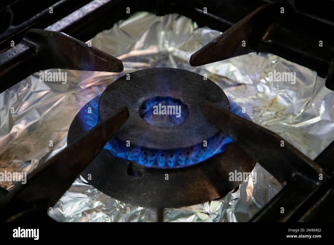 Stoves. Kitchen room. Gas stove with burning propane gas flames