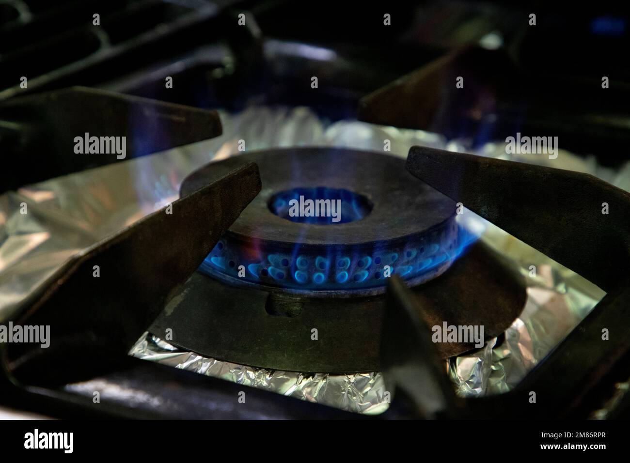 Stoves. Kitchen room. Gas stove with burning propane gas flames