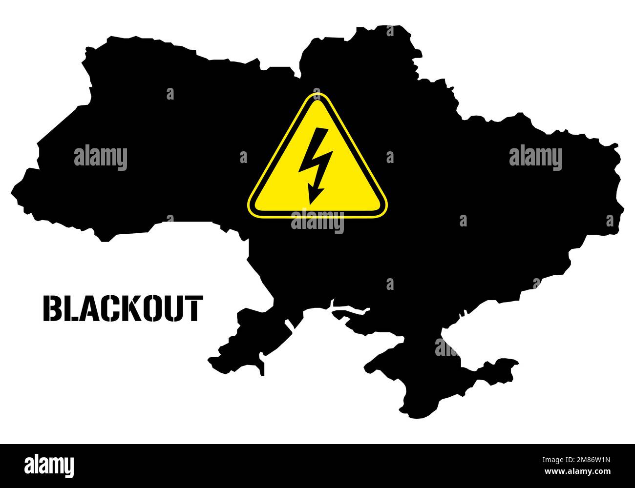 Power outage on the Ukraine map has a warning sign with a lightning symbol and text - blackout. Lack of electricity in the country due to destruction Stock Vector