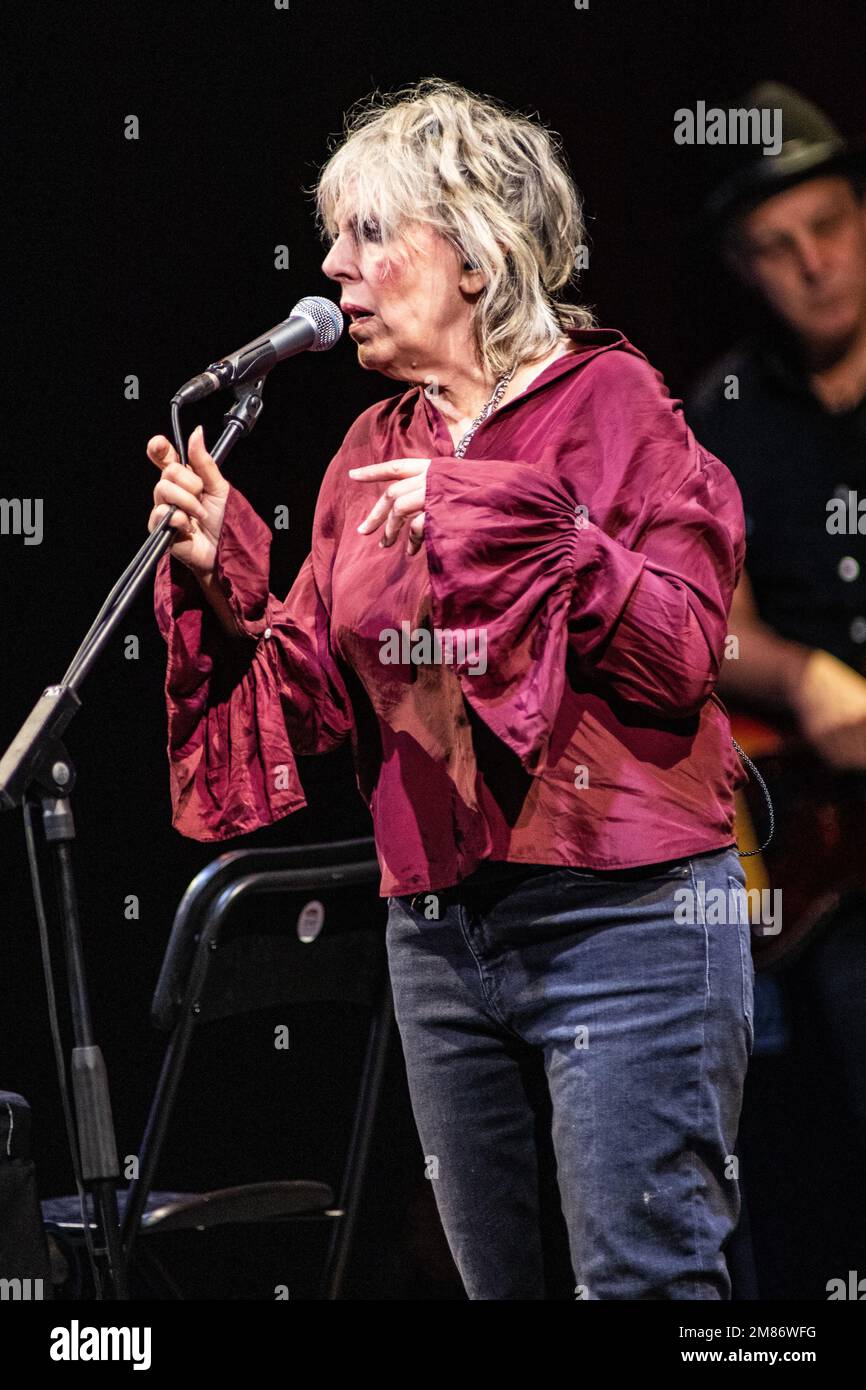 Milan Italy. 10 January 2023. The American singer-songwriter LUCINDA WILLIAMS performs live on stage at Teatro Lirico Giorgio Gaber to present her new album 'Good Souls Better Angels'. Stock Photo