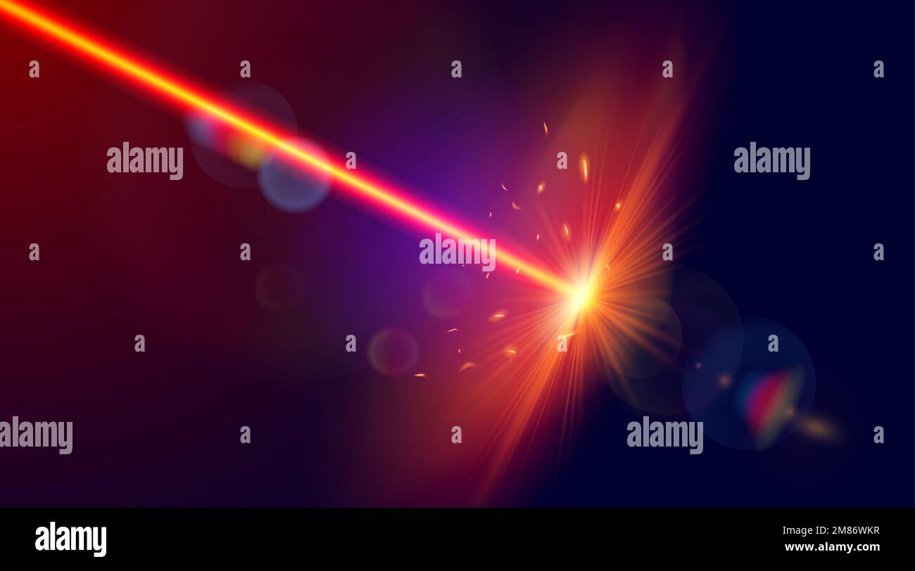 Red laser strike. Laser beam with bright shiny sparkles. Vector image. Stock Vector