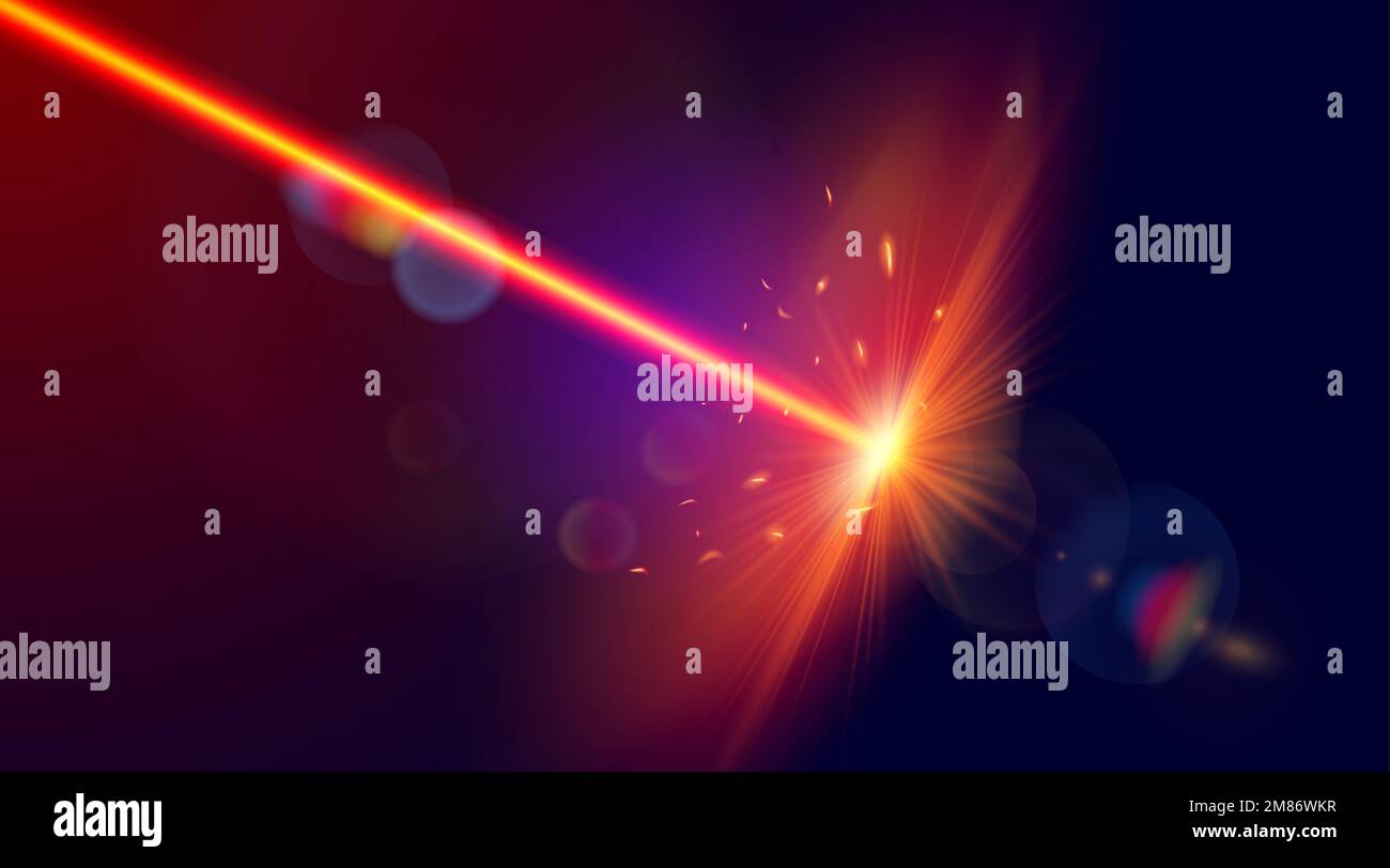 Red laser strike. Laser beam with bright shiny sparkles. Vector image