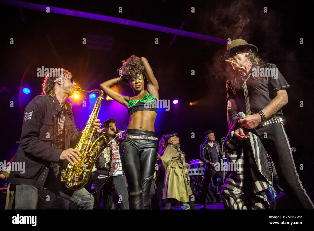 Udo Lindenberg with Panikorchester live on stage. He is a German singer, drummer, and composer. Stock Photo