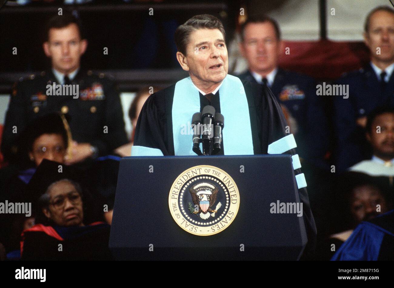 President Ronald Reagan gives graduation address to the graduating