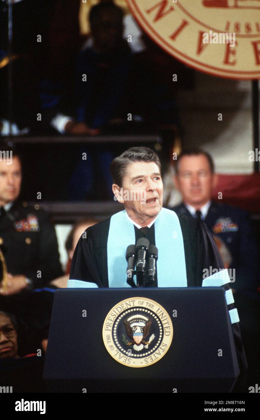 President Ronald Reagan gives graduation address to the graduating