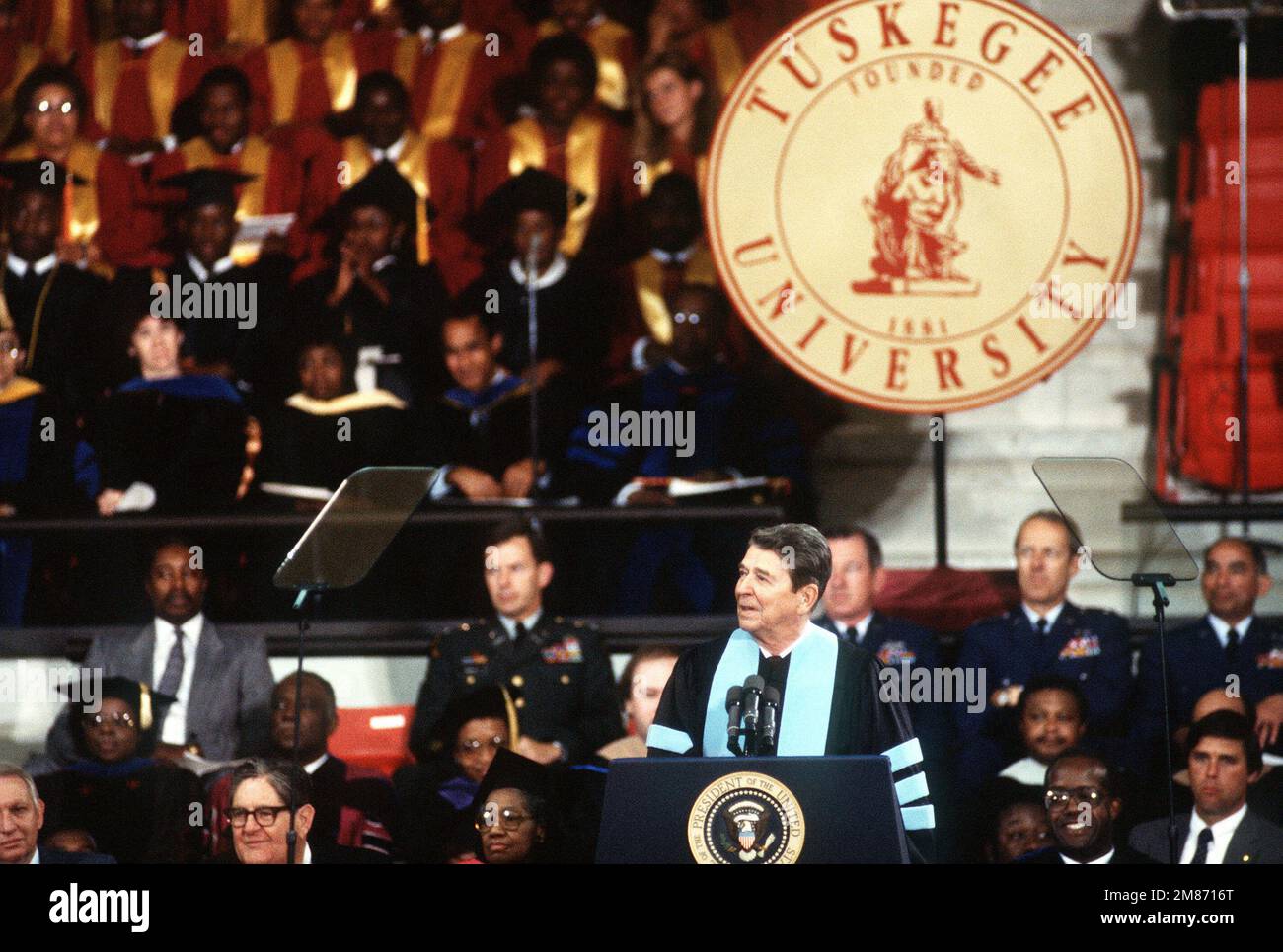 President Ronald Reagan gives graduation address to the graduating