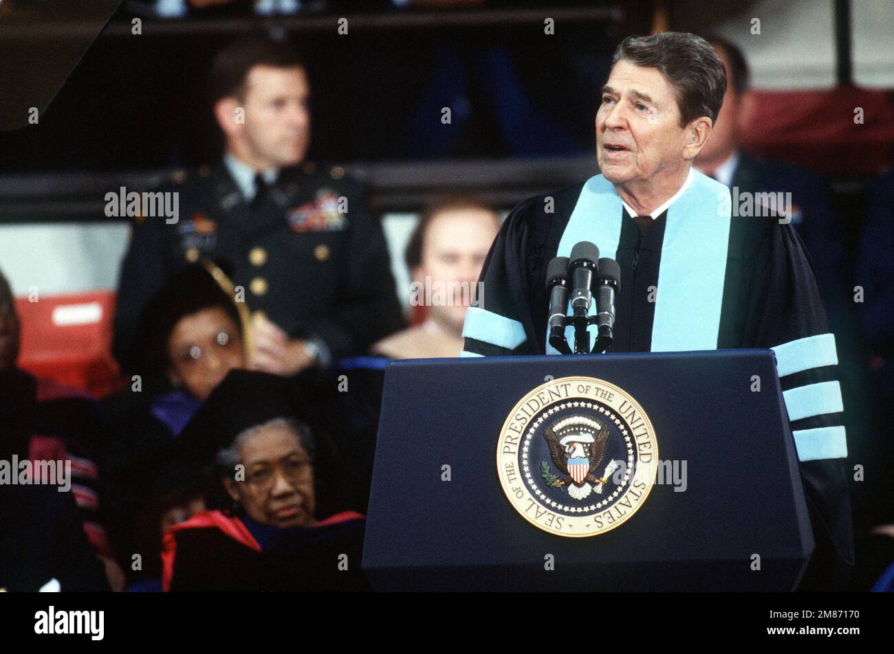President Ronald Reagan gives graduation address to the graduating