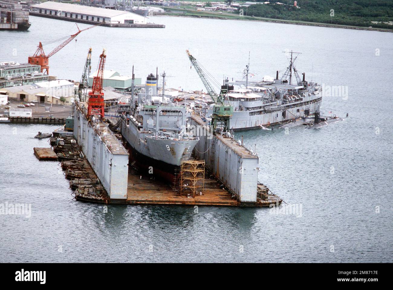 The combat stores ship USNS SPICA (TAFS9) rests on blocks in the