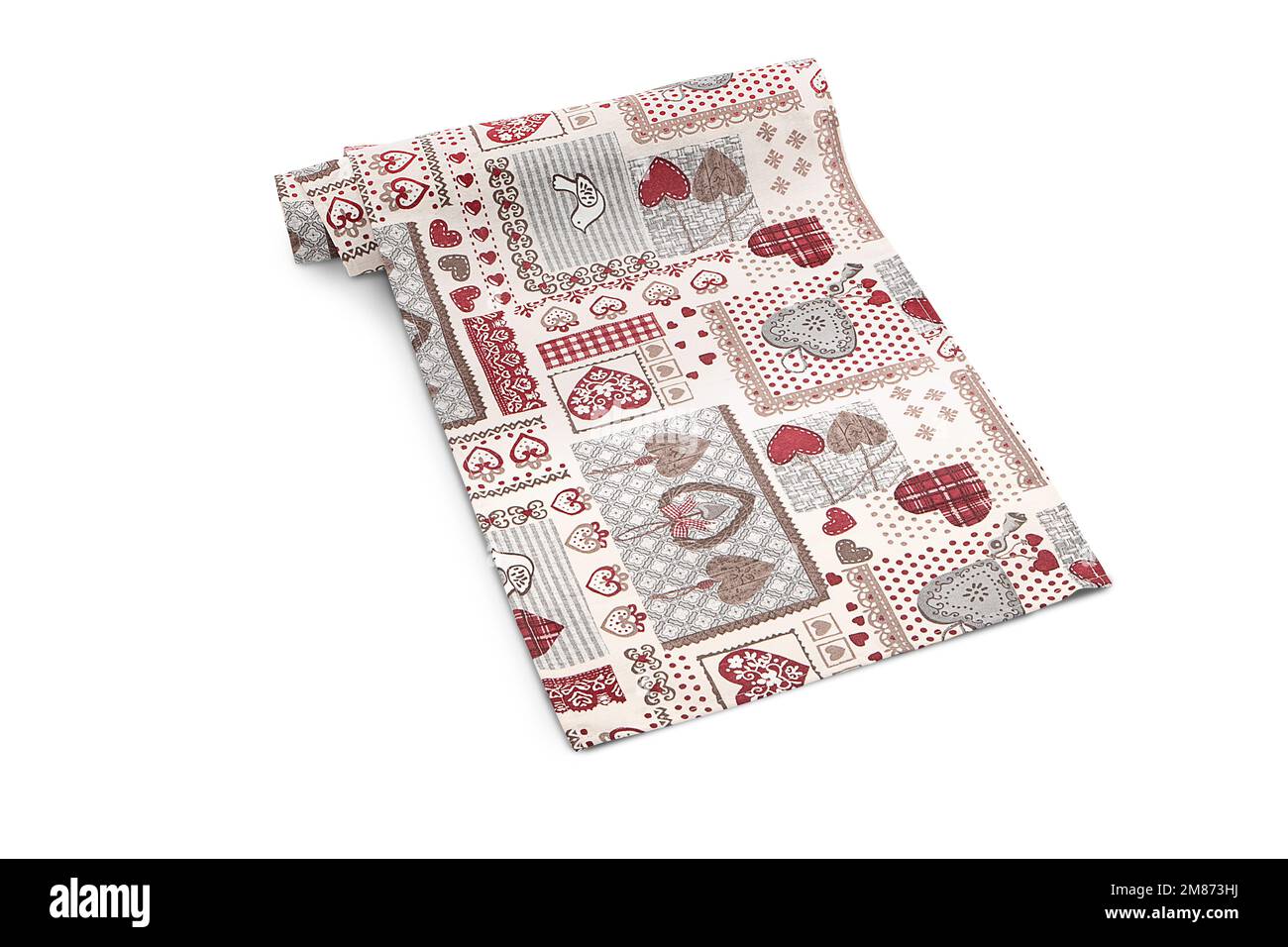 Table runner, napkin or kitchen placemat on cloth isolated or with plate, cutlery and glasses Stock Photo