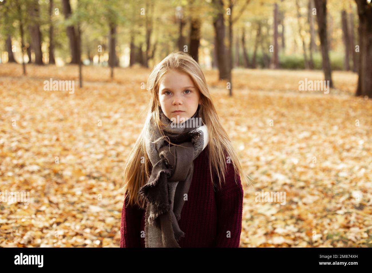 Serious calm sad little blond girl look at camera, wear warm jacket and scarf against blanket of leaves in autumn forest Stock Photo