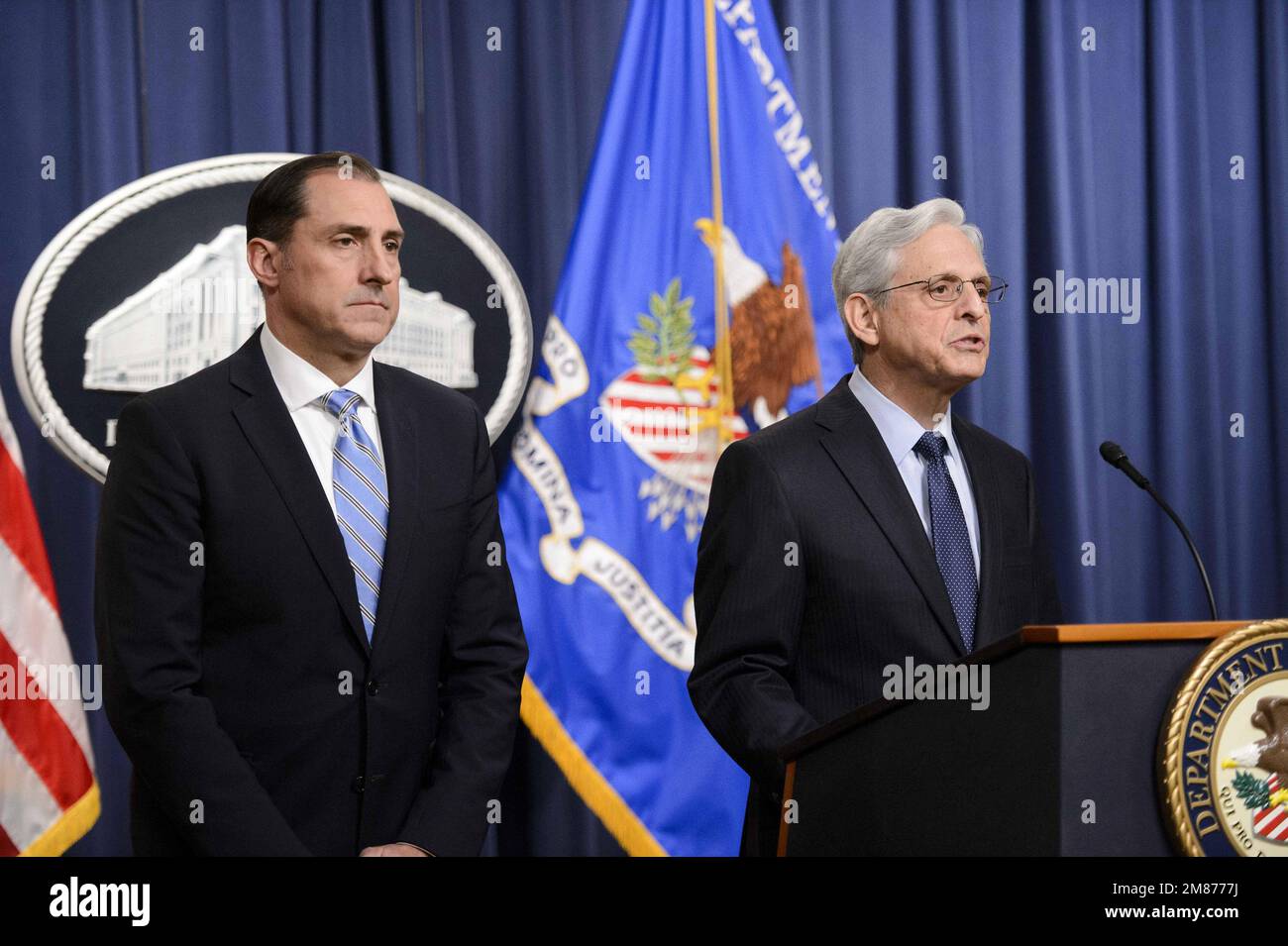 Washington, United States. 12th Jan, 2023. Attorney General Merrick Garland is joined by U.S. Attorney for the Northern District of Illinois John Lausch for a press conference at the Department of Justice in Washington, DC on Thursday, January 12, 2023 to announce the appointment of U.S. Attorney for the District of Maryland Robert Hurr as Special Counsel to investigate the discovery of classified documents held by President Joe Biden at his home office. Photo by Bonnie Cash/UPI Credit: UPI/Alamy Live News Stock Photo