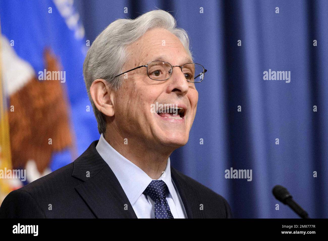 Washington, United States. 12th Jan, 2023. Attorney General Merrick Garland is joined by U.S. Attorney for the Northern District of Illinois John Lausch for a press conference at the Department of Justice in Washington, DC on Thursday, January 12, 2023 to announce the appointment of U.S. Attorney for the District of Maryland Robert Hurr as Special Counsel to investigate the discovery of classified documents held by President Joe Biden at his home office. Photo by Bonnie Cash/UPI Credit: UPI/Alamy Live News Stock Photo