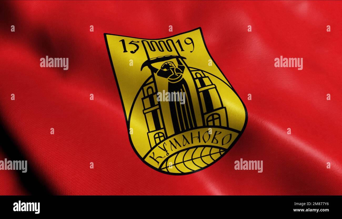 3D Illustration of a waving North Macedonia city flag of Kumanovo Stock Photo