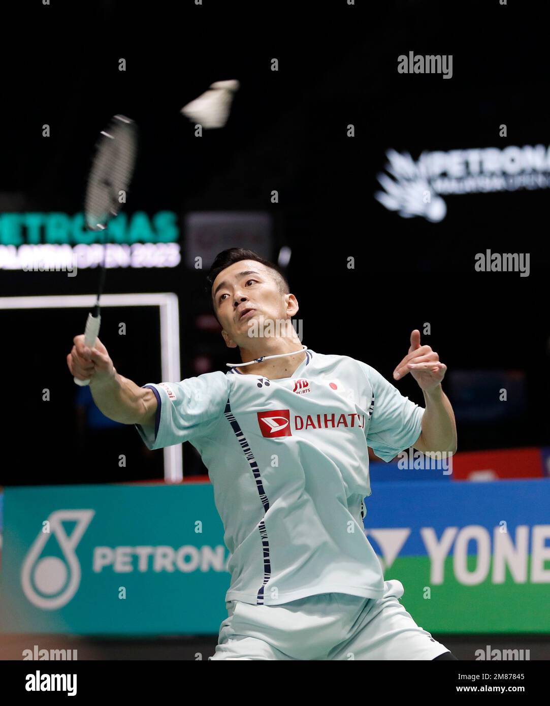 Kenta Nishimoto of Japan plays against Jonathan Christie of Indonesia during the Mens Single second round match of the Petronas Malaysia Open 2023 at Axiata Arena.Kenta Nishimoto of Japan won with scores;