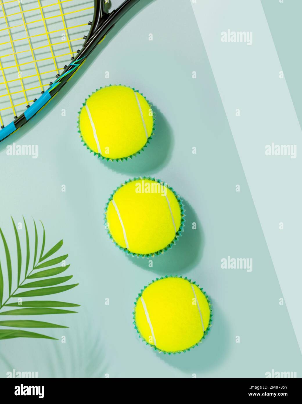 Tennis competition card. Sport composition with yellow tennis balls and tennis racket on a blue court background with palm leaves and shadows. Sport a Stock Photo