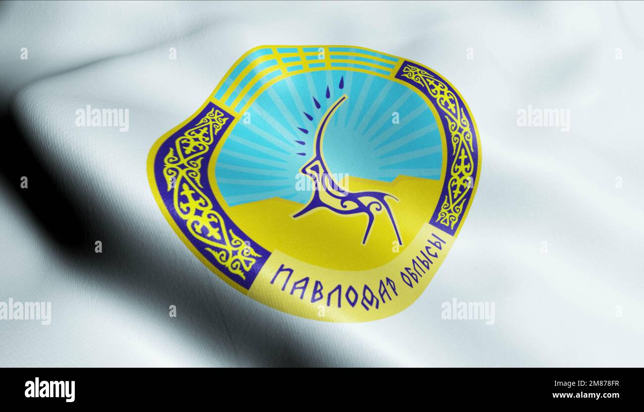 3D Illustration of a waving Kazakhstan region flag of Pavlodar Stock Photo