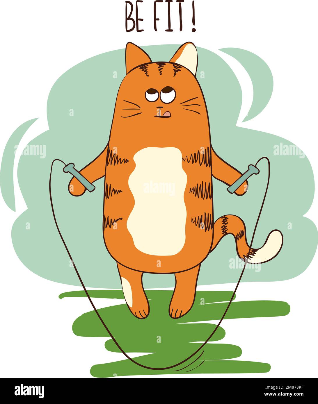 Cute cartoon fat cat jumping with skipping rope. Vector doodle fitness
