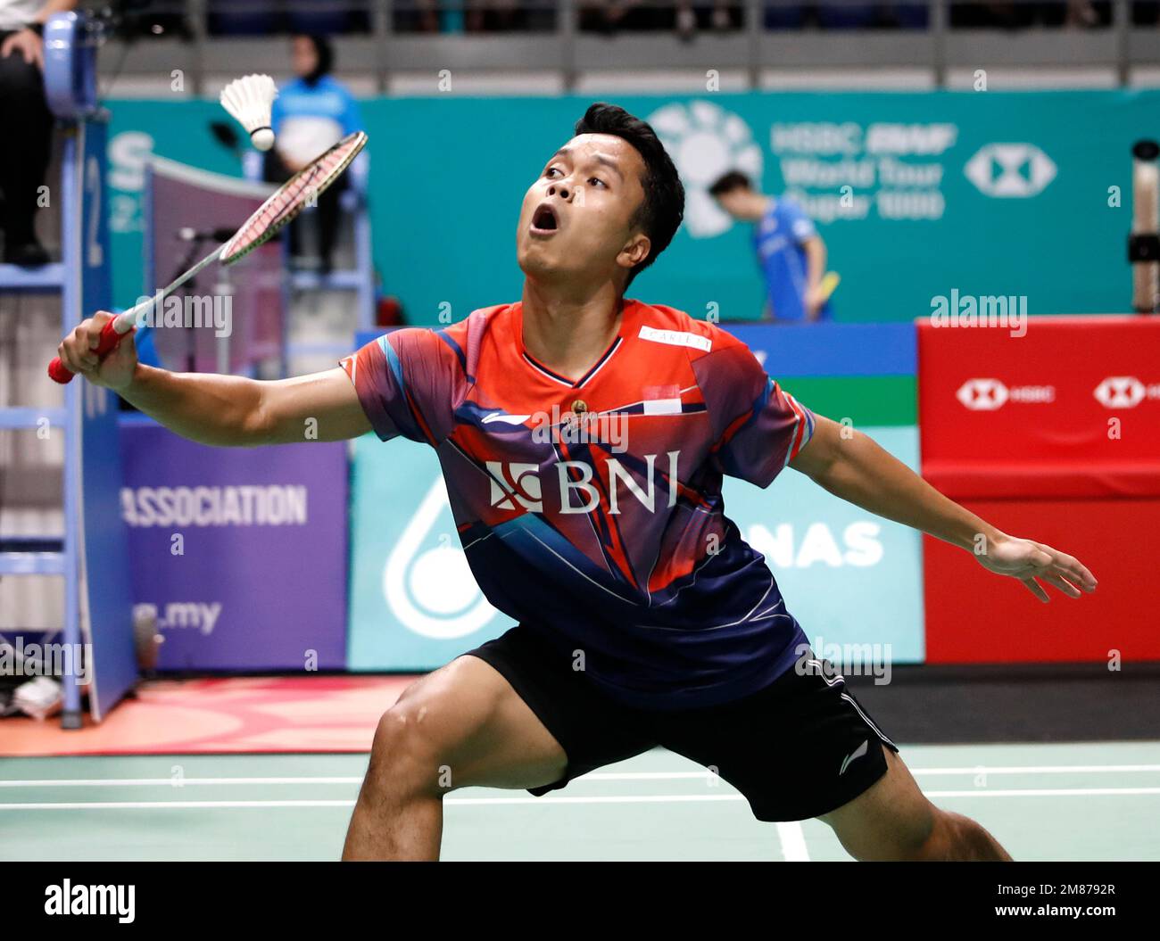 Anthony Sinisuka Ginting of Indonesia plays against Anders Antonsen of Denmark during the Mens Single second round match of the Petronas Malaysia Open 2023 at Axiata Arena.Anthony Sinisuka Ginting of Indonesia won