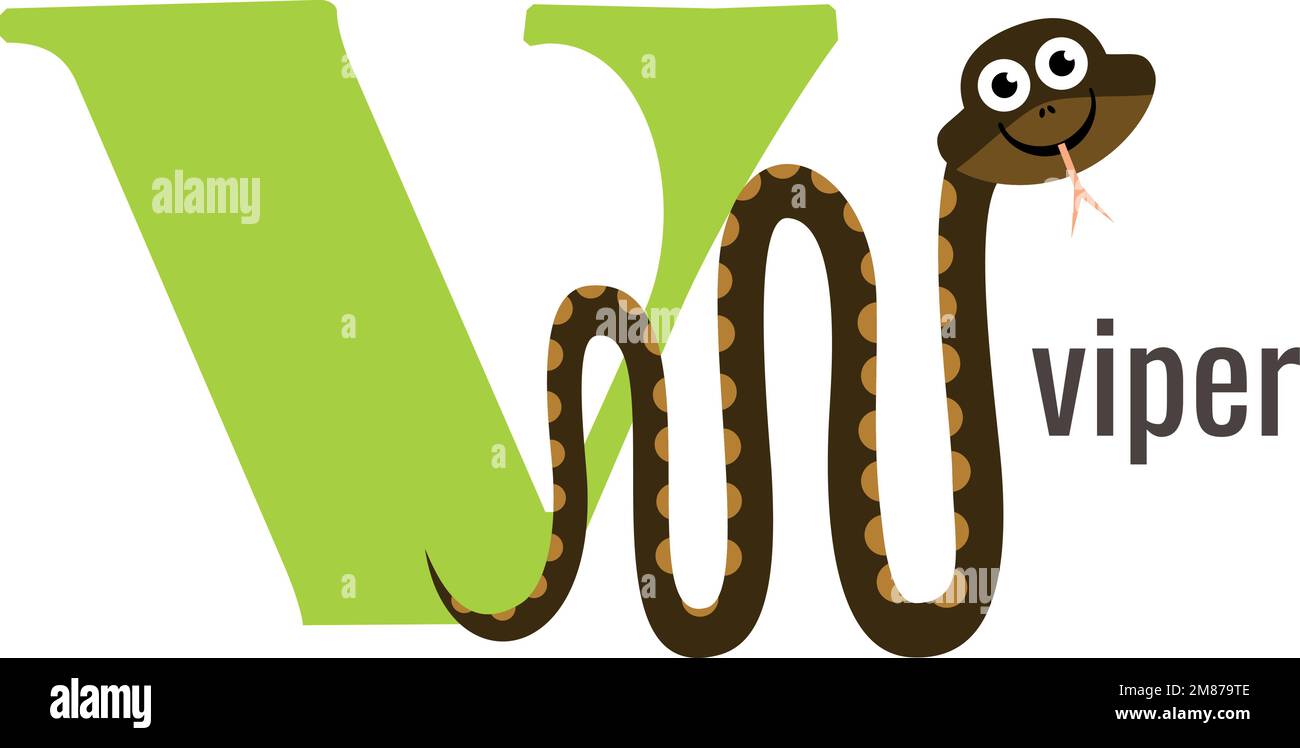 V letter card. Viper animal alphabet vocabulary Stock Vector