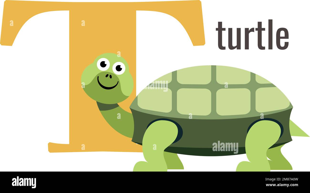 T letter card. Cartoon alphabet with turtle animal Stock Vector