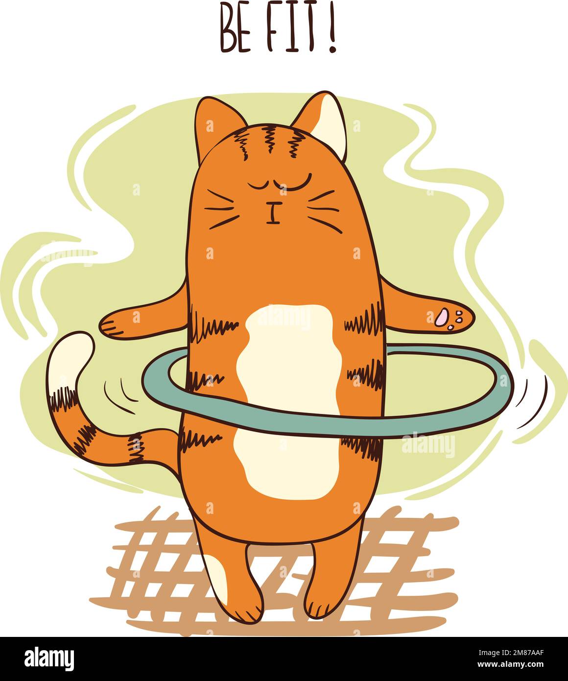 Cute cartoon cat exercising with hula hoop. Vector fitness illustration. Stock Vector