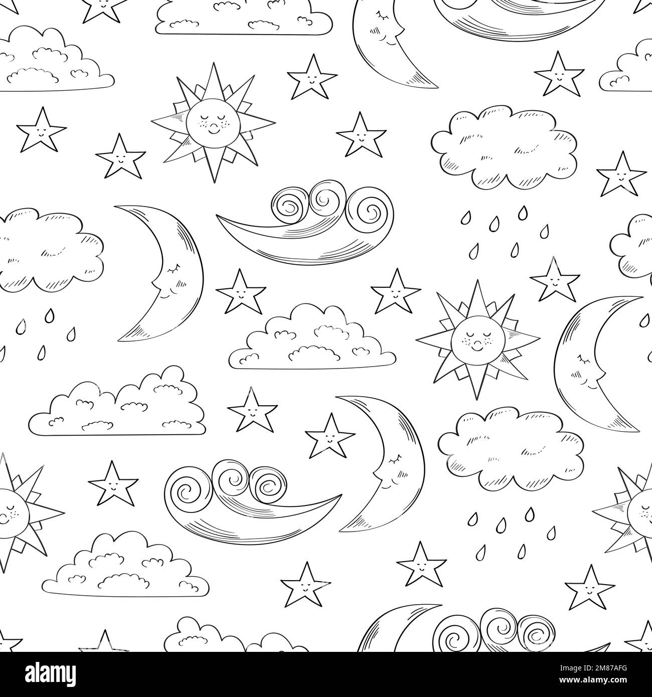 Black and white seamless pattern with cute doodle sun, moon, clouds and ...