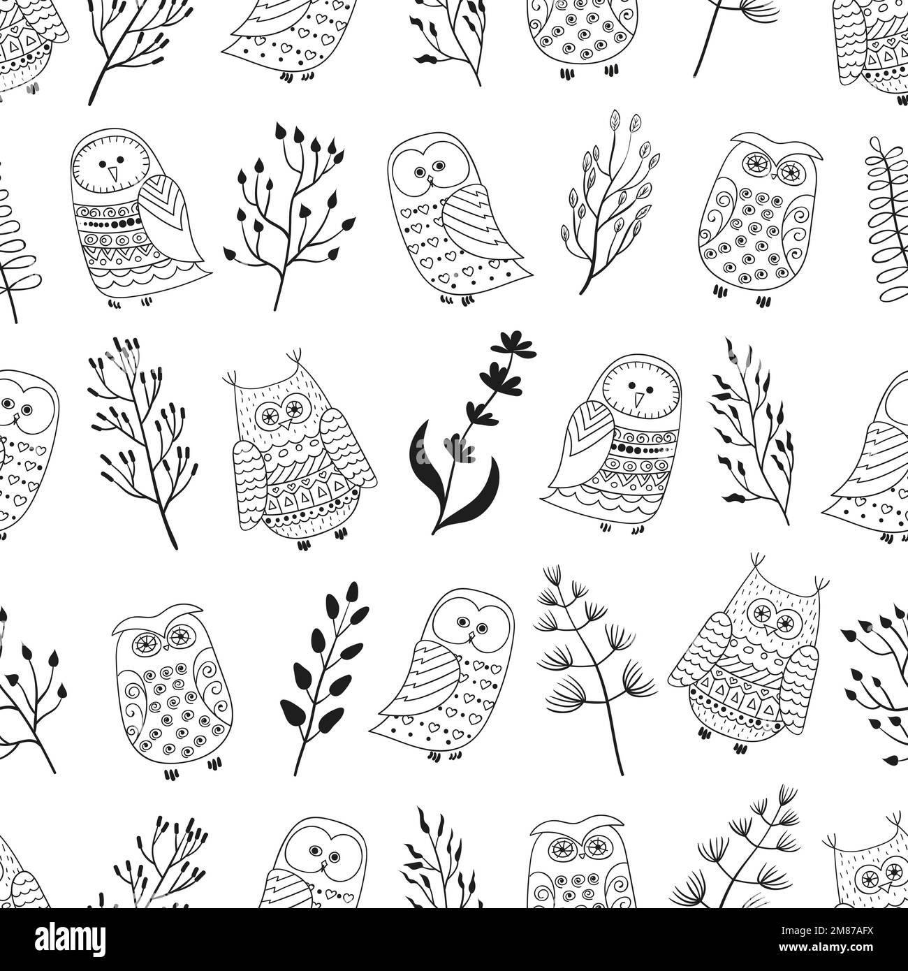 Seamless pattern with cute doodle owls and branches. Black and white vector background. Stock Vector