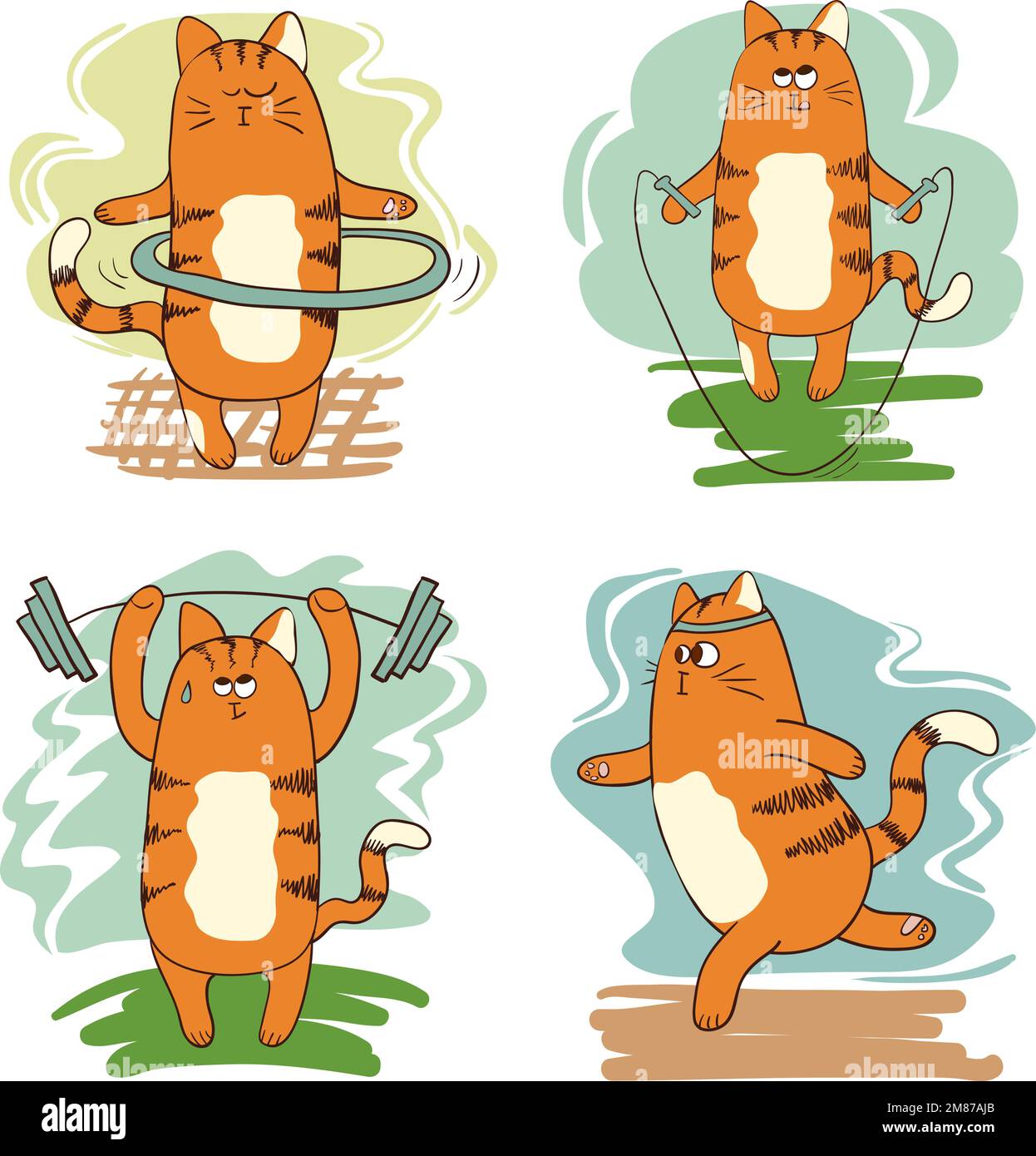 Set of cute cartoon cats involved in sports: running, engaged in weightlifting, exercising with hula hoop, jumping with rope. Vector illustration. Stock Vector