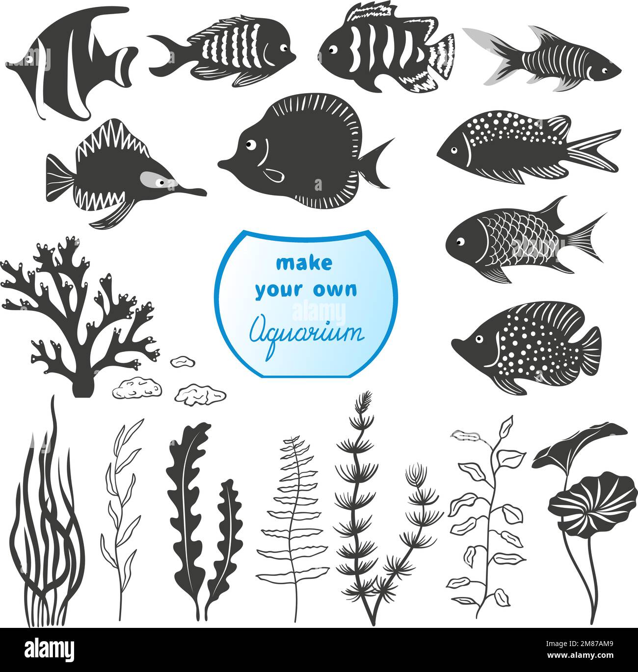 Vector set of different fishes and decorations for making your own
