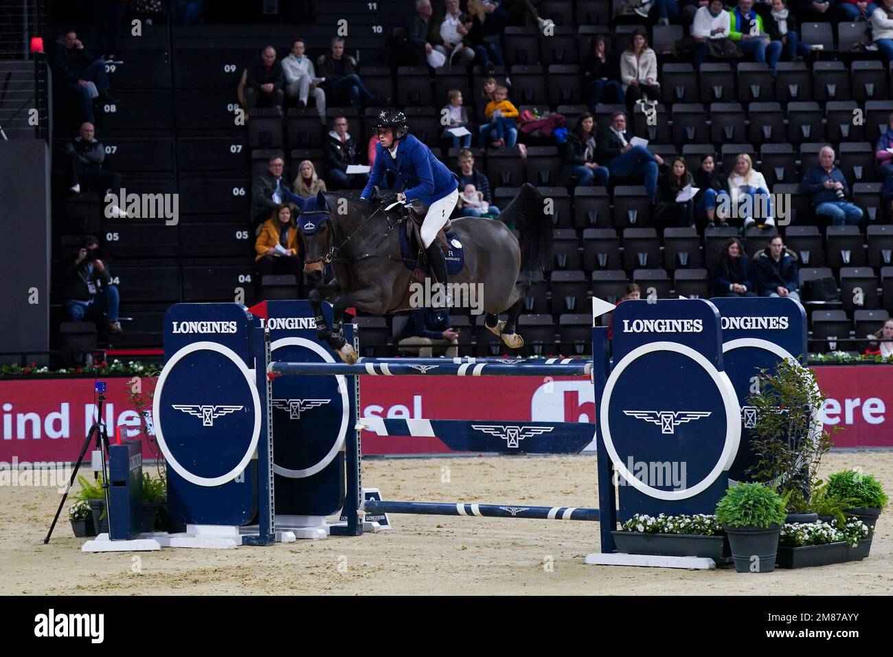 12.01.2023, Basel, St. Jakobshalle, Riding: Longines CHI Classics Basel, Martin Fuchs (Switzerland) with horse Commissar Pezi jumps during the international jumping competition against the clock (Daniela Porcelli / SPP-JP) Stock Photo