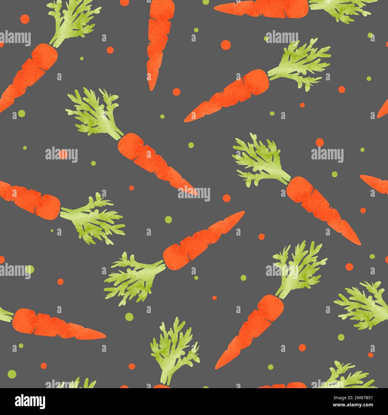 Seamless pattern with watercolor carrots on dark. Vector organic food background. Stock Vector