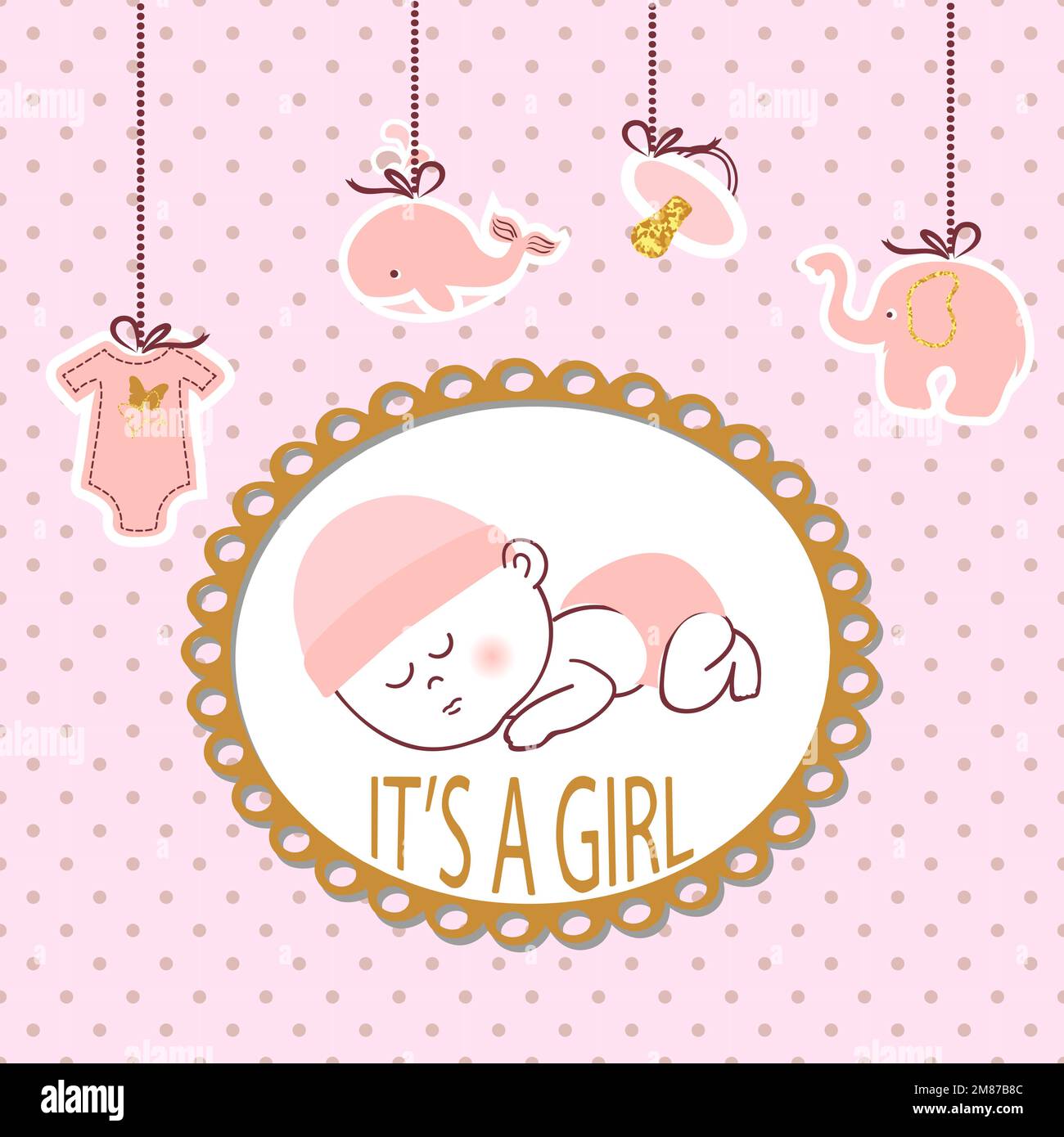 Baby shower girl card design with sleeping newborn baby. Vector ...