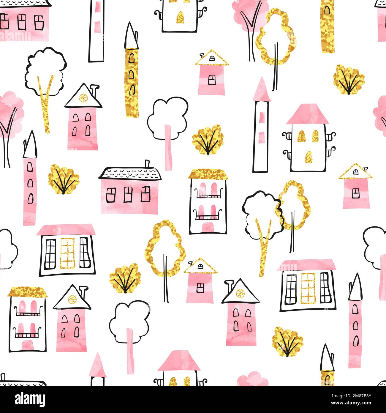 Cartoon town seamless pattern. Vector background with doodle watercolor and glittering houses. Stock Vector
