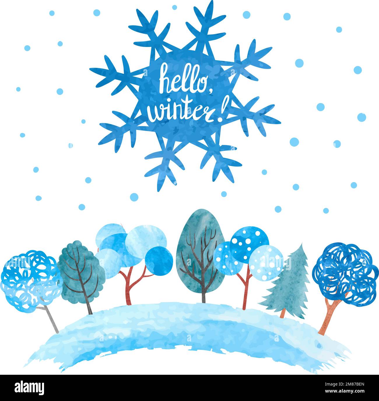Hello winter vector illustration. Watercolor snowflake and trees in ...