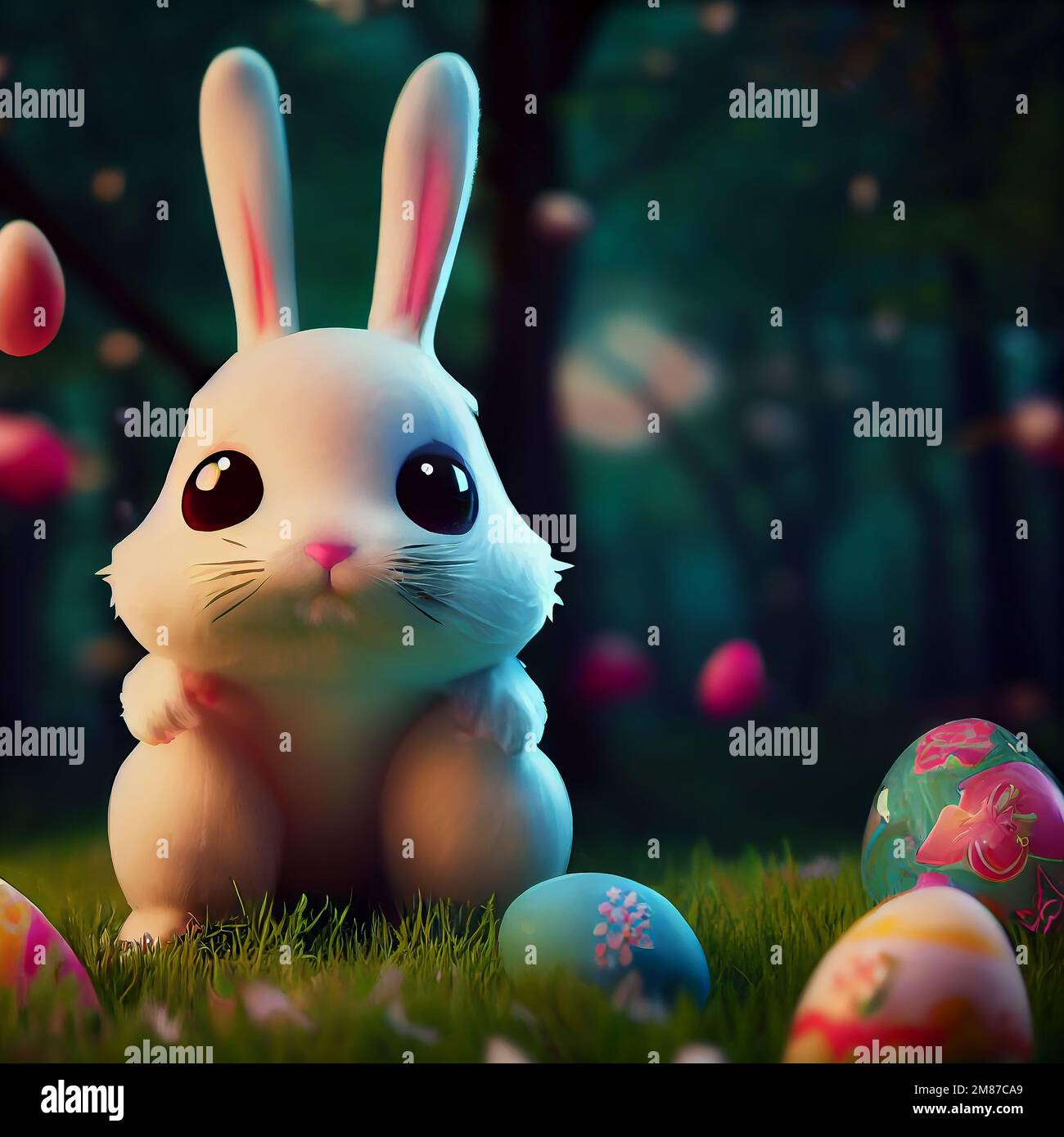 Cute bunny in the forest with colorful easter eggs. Ai generated Stock Photo