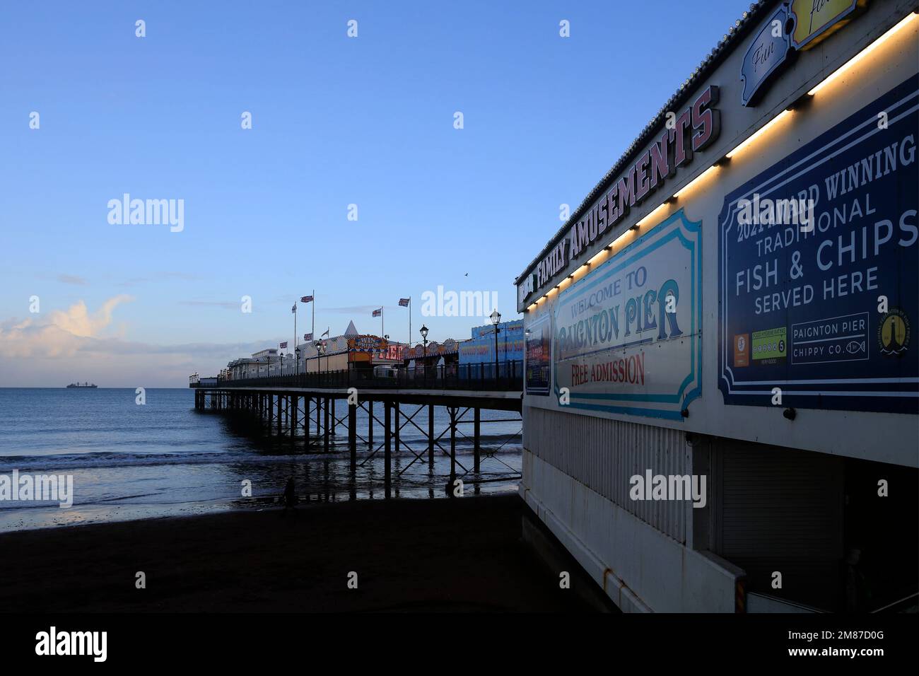 Paignton pier and beach, Taken January 2023. Winter Stock Photo